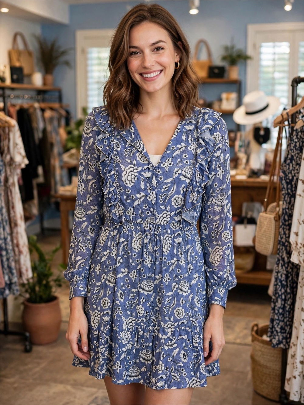Anine Bing Blue Floral Long Sleeve Dress